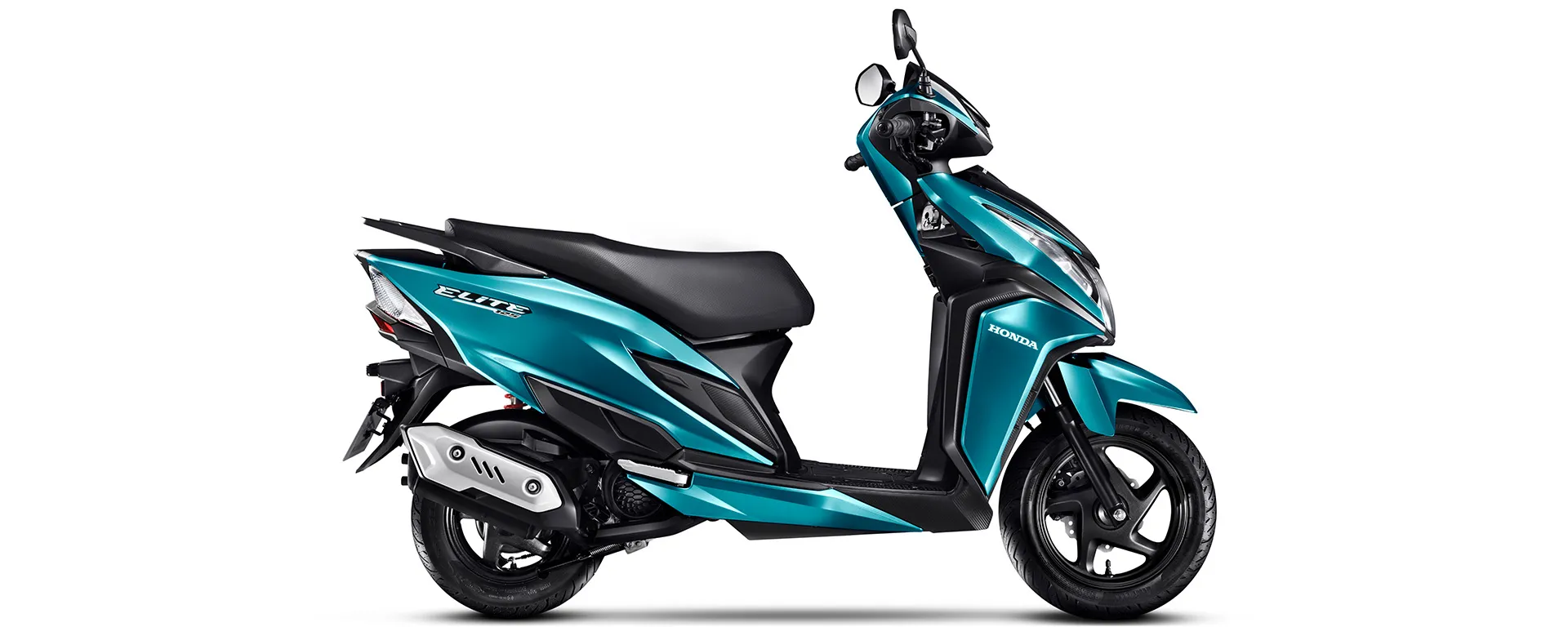 Elite 125 azul lateral, destaque para espaço e conforto